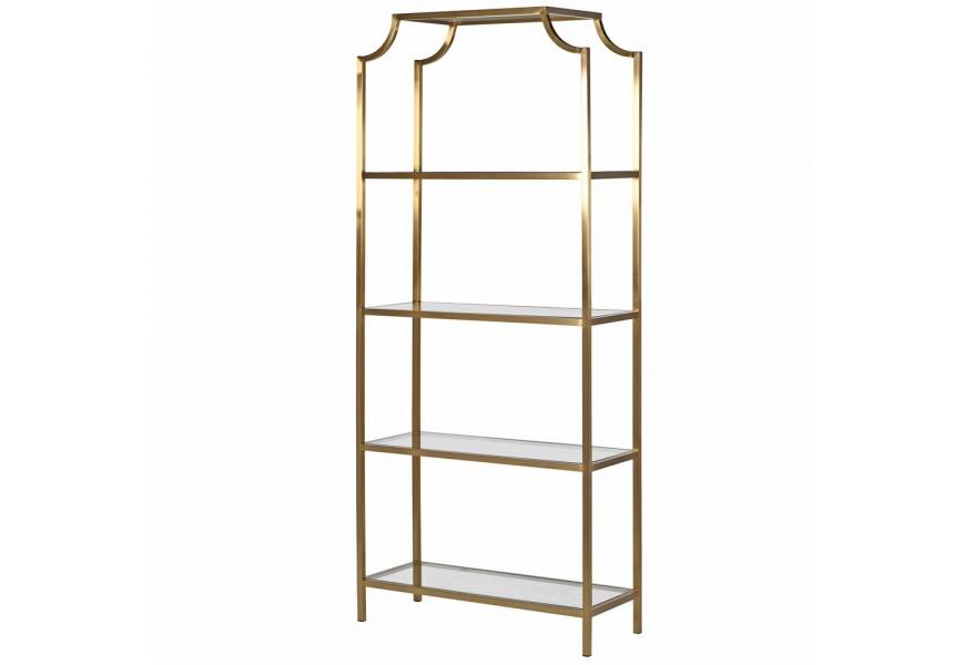 Art deco vysoký regál Anquell zkatej farby so štyrmi sklenenými policami a telom z ocele do obývačky či pracovne 210cm