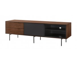 Škandinávsky TV stolík Nordica Nogal z dreva v modernom orechovo hnedom vyhotovení s úložným priestorom a čiernou poličkou 170cm