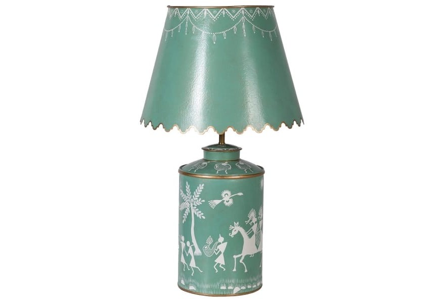Dizajnová vintage nočná lampa Severine azúrovej farby s bielym zdobením warli