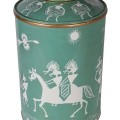 Vintage nočná lampa Severine v azúrovej zelenej farbe z kovu s bielymi maľovanými vzormi warli 76cm
