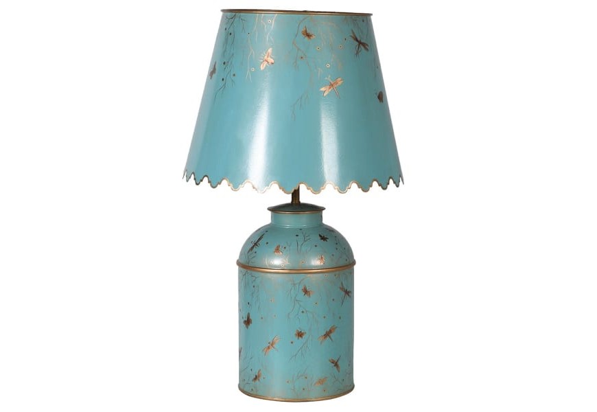Elegantná vintage stolná lampa Severine Azur z kovu v modrej azúrovej farbe so zlatým florálnym zdobením