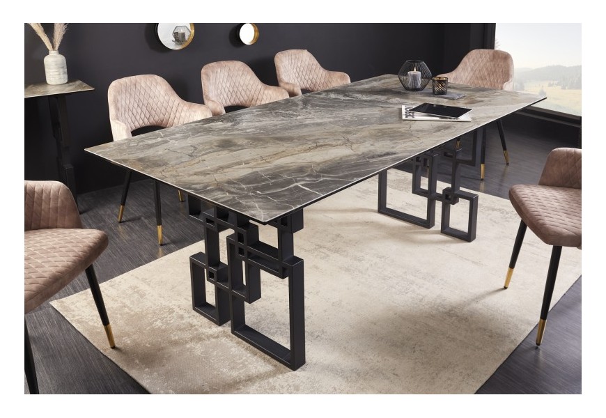 Art-deco obdĺžnikový jedálenský stôl Ariana s mramorovým vzhľadom na vrchnej doske s kovovými nožičkami