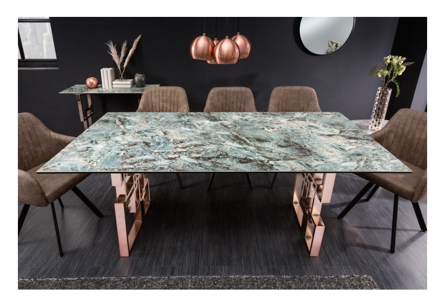 Luxusný obdĺžnikový stôl Ariana s vrchou doskou v tyrkysovom mramorovom štýle s rose gold kovovými nožičkami
