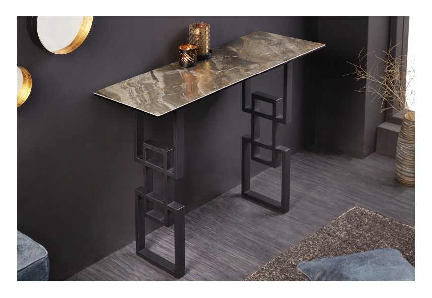 Art-deco konzolový stolík Ariana s mramorovým vzhľadom na vrchnej doske s antracitivou čiernou podstavou v štvorcovom prevedení
