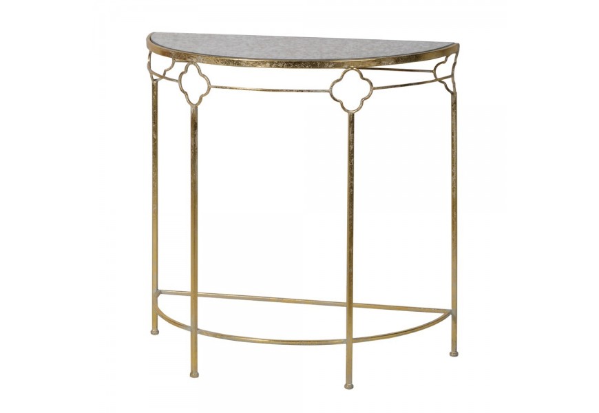 Dizajnový art deco kovový konzolový stolík Artizia v zlatom kovovom prevedení s vrchnou sklenenou doskou s mramorovým vzorom