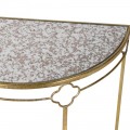 Art deco štýlový konzolový stolík Artizia so zlatou kovovou konštrukciou a sklenenou vrchnou doskou polkruhového tvaru