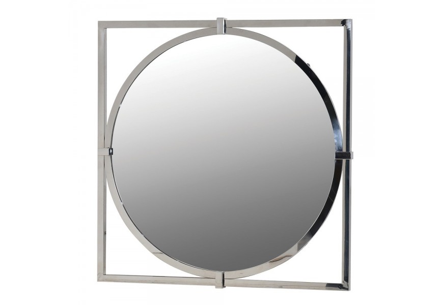 Art deco dizajnové kovové zrkadlo Aronda okrúhleho tvaru vsadené do štvorcového rámu v striebornom prevedení