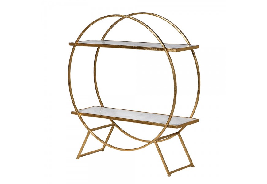 Dizajnová art deco mramorová polička Greto so zlatou lesklou kovovou konštrukciou na nízkych nožičkách okrúhleho tvaru