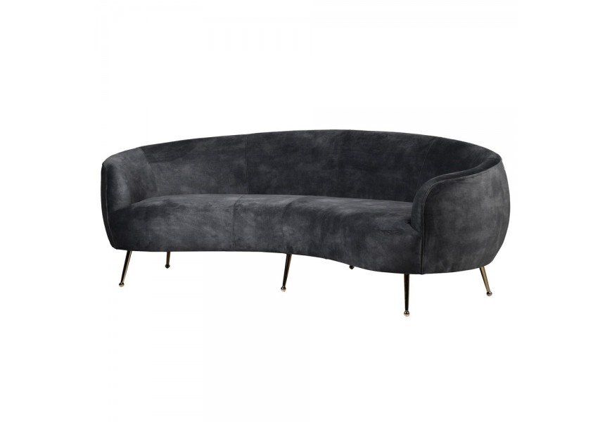 Art deco čalúnená oblá sedačka Bounty v antracitovej sivej farbe s opierkami na ruky na kovových lesklých tmavých nožičkách