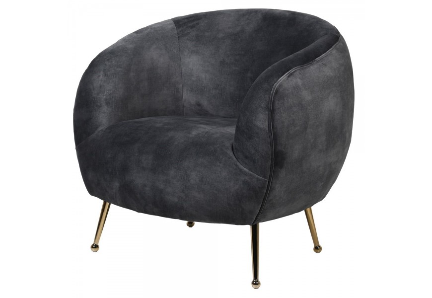 Art deco moderné čalúnené kreslo Bounty II v antracitovej sivej farbe s oblými opierkami na zlatých kovových nožičkách