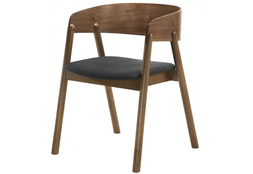 Dizajnová jedálenská stolička Nordica Nogal z orechového masívu v škandinávskom štýle s čalúnením v tmavo sivej farbe