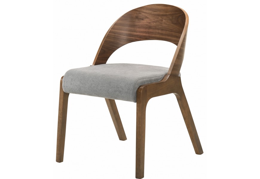 Dizajnová jedálenská stolička Nordica Nogal z orechovo hnedého masívu so zaoblenou opierkou a sivým čalúnením 77cm