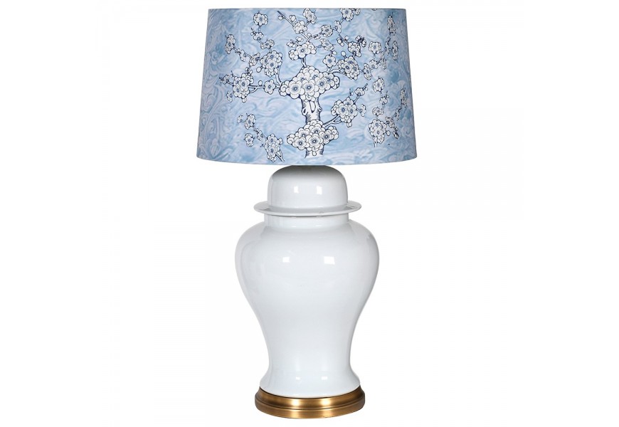 Luxusná porcelánová biela lampa Russo s modrým kvetovým vzorom na bledomodrom tienidle vo vintage prevedení