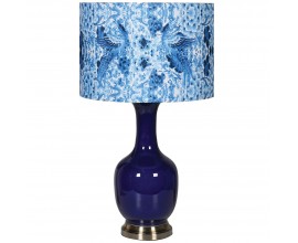 Luxusná porcelánová indigovo modrá lampa Lovato s modrým kvetovým vzorom a bledomodrým tienidlom v art-deco prevedení