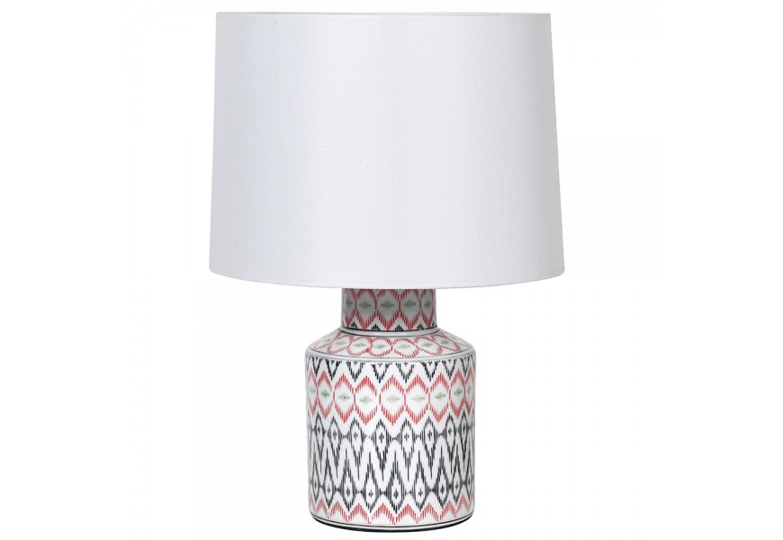 Luxusná porcelánová biela lampa Jasmine so sivým a červeným orientálnym vzorom a bielym tienidlom v etno prevedení