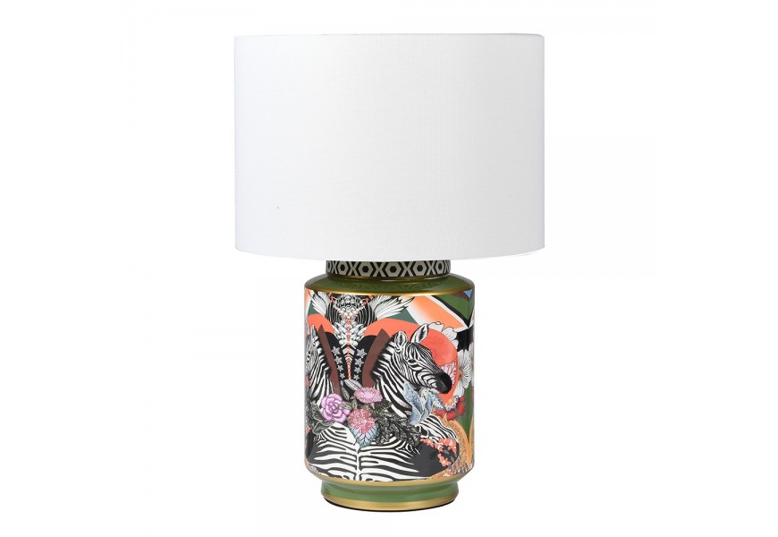 Luxusná porcelánová farebná lampa Jafar so zebrami a rastlinami a bielym tienidlom vo dizajnovom prevedení