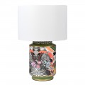 Luxusná porcelánová farebná lampa Jafar so zebrami a rastlinami a bielym tienidlom vo dizajnovom prevedení