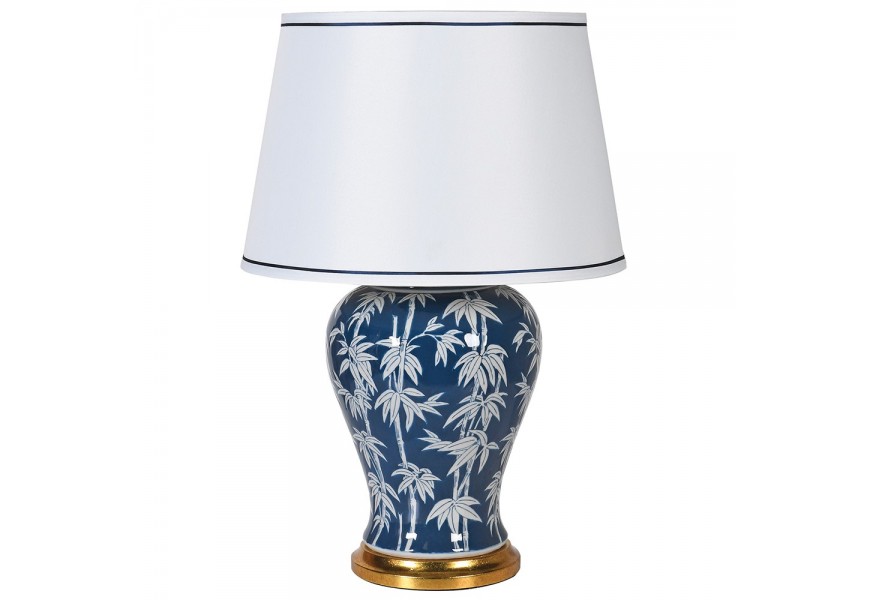 Vintage porcelánová modro-biela stolná lampa Genovia s kresbou bambusu a podstavou zlatej farby 66cm
