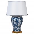 Vintage porcelánová modro-biela stolná lampa Genovia s kresbou bambusu a podstavou zlatej farby 66cm