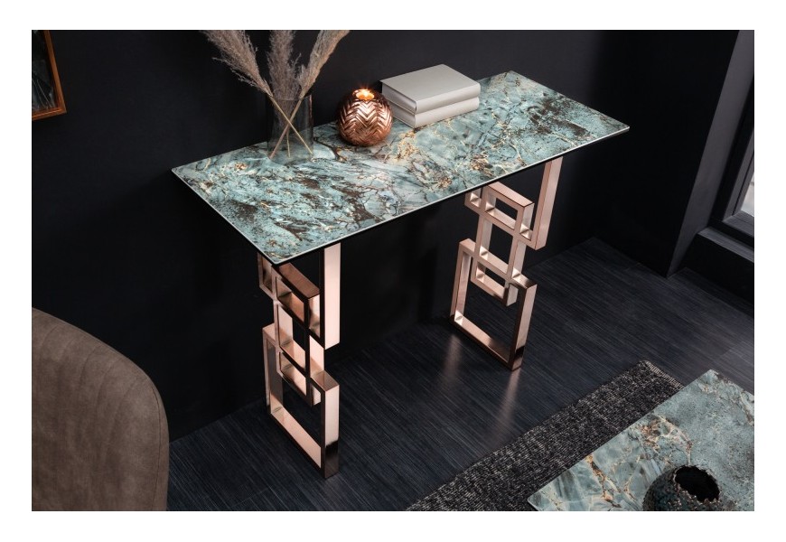 Luxusný art-deco konzolový stolík Ariana s tyrkysovou doskou s mramorovým dizajnom a chromovou rose gold podstavou