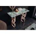 Luxusný art-deco konzolový stolík Ariana s tyrkysovou doskou s mramorovým dizajnom a chromovou rose gold podstavou