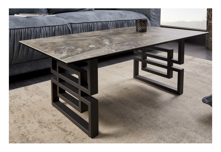 Art-deco obdĺžnikový konferenčný stolík Ariana v sivom vyhotovení s mramorovým dizajnom a čiernou antracitovou podstavou