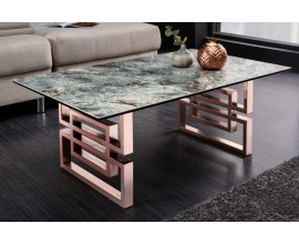 Art-deco luxusný konferenčný stolík Ariana s tyrkysovou doskou s mramorovým dizajnom a ružovo zlatou podstavou 100cm