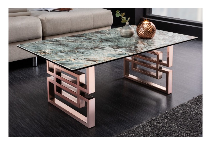 Luxusný konferenčný stolík Ariana s art-deco mramorovou štýlovou tyrkysovou doskou s rúžovo zlatou podstavou
