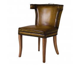 Vintage kožená stolička Mirage na drevených nohách v hnedo-olivovom prevedení s nitovým lemovaním a opierkou na hlavu