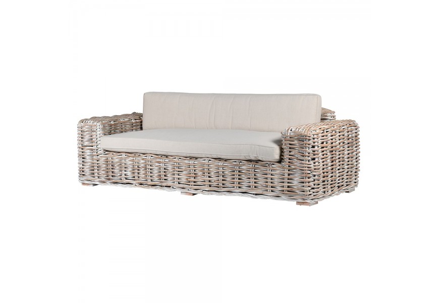 Luxusná ratanová trojsedacka Ratana z pravého ratanu off white bielej farby s bielym čalúnením