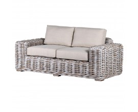 Ratanová dvojmiestna provensálska sedačka Peace s bielym ošúchaným efektom a béžovým sedením a vankúšmi 185cm