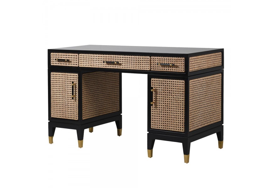 Čierny masívny písací stolík Ratana s viedenským výpletom z prírodného ratanu svetlej hnedej farby