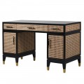 Čierny masívny písací stolík Ratana s viedenským výpletom z prírodného ratanu svetlej hnedej farby