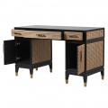 Dizajnový písací stôl Ratana z čierneho masívu s úložným priestorom a ratanovými dekoráciami