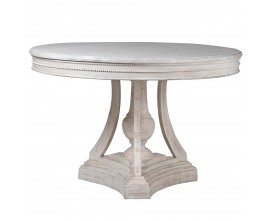 Provensálsky masívny okrúhly jedálenský stôl Olympa v off white prevedení s ošúchaným efektom a vyrezávanými detailmi 120cm