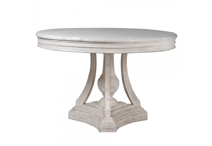 Okrúhly jedálenský masívny stôl Miel Campo v provensálskom štýle s off white povrchovým náterom a členitou vyrezávanou podstavou