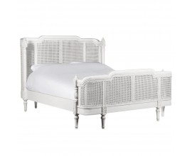 Provensálska manželská posteľ Nobles z masívneho mahagónu a ratanovými výpletmi v bielej farbe king size 212cm