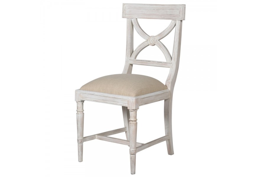 Provensálska jedálenská biela stolička Miel Campo z masívneho dreva melia v patinovanom vyhotovení s béžovým ľanovým čalúnením