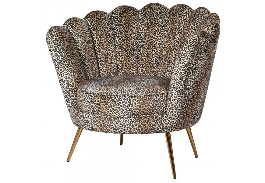 Art-deco dizajnové kreslo Floppa so štýlovým čalúnením s leopardím vzorom a zlatými kovovými nožičkami 88cm