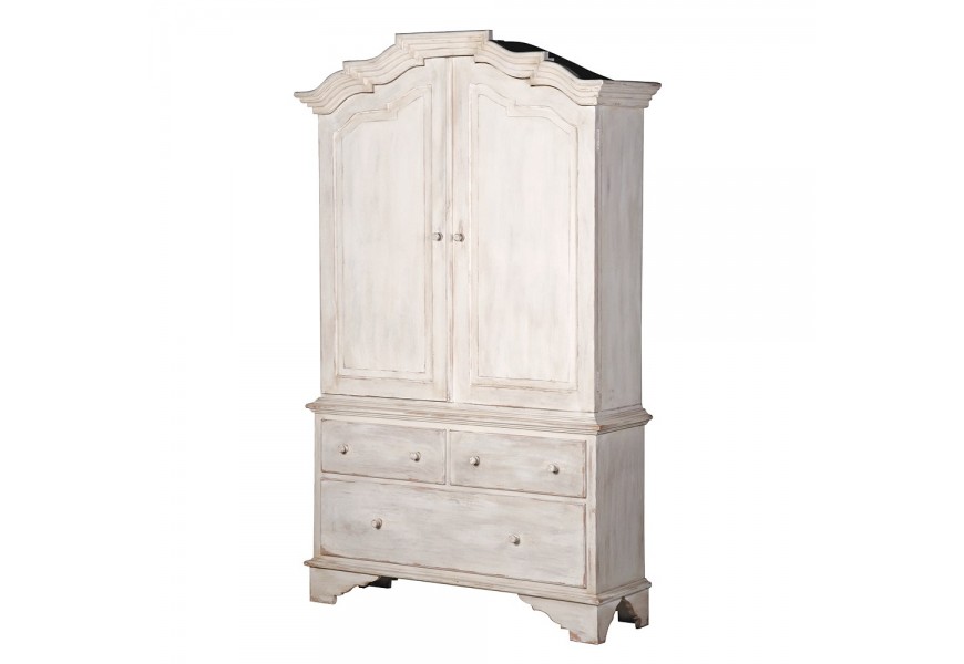 Luxusná masívna mahagónová skriňa Celene Rode s uzavretým úložným priestorom v provensálskom štýle v off white prevedení s patinou a shabby chic nádychom