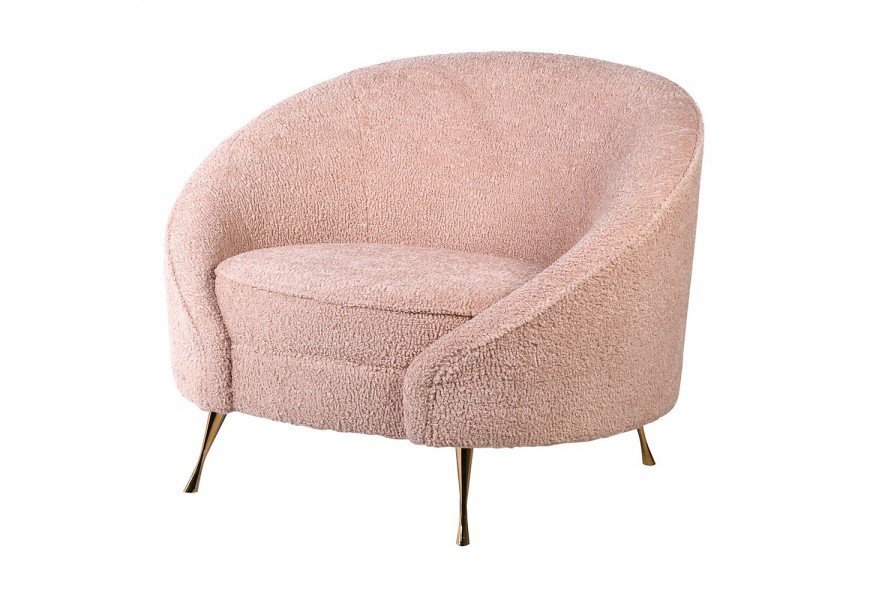 Luxusné bouclé kreslo Blush v zaoblenom tvare so svetlo rúžovým čalúnením a kovovými nožičkami