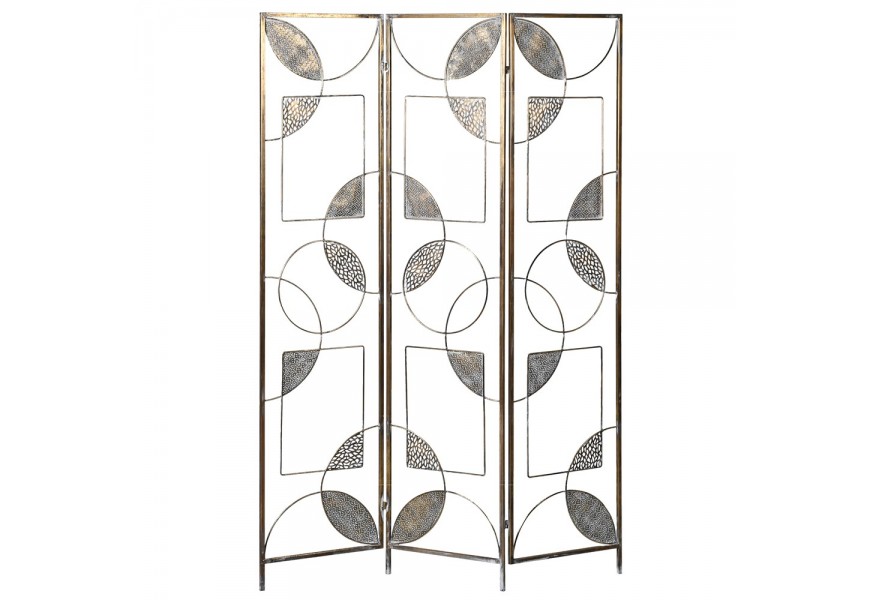 Luxusný paravan Clarisse s tromi panelmi z kovu antickej zlatej farby v orientálnom prevedení s kruhovými a listovými zdobeniami