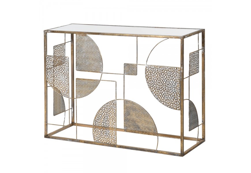 Art deco konzolový stolek Hector starozlaté barvy s geometrickými vzory kruh a čtverec