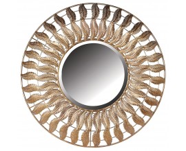 Art-deco okrúhle veľké nástenné zrkadlo Philippe v kovovom ráme zlatej farby so vzorom pierok 70cm