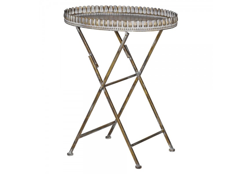 Luxusný skladací oválny príručný stolík Jeremiah z kovu anticky zlatej farby na nožičkách v orientálnom prevedení