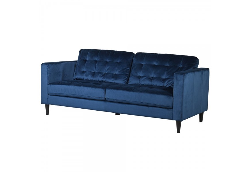 Štýlová trojsedačka Faux vo zamatovom čalúnení indigo modrej farby s čiernymi masívnymi nožičkami