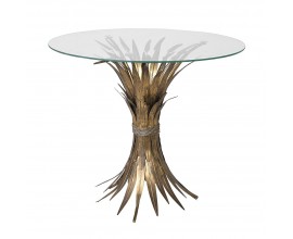 Konferenčný stolík Wheat s okrúhlou sklenenou doskou a kovovou podstavou vintage zlatej farby s dizajnom zväzku pšenice 60cm