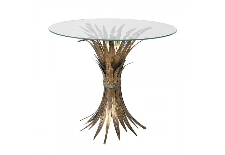 Art-deco okrúhly príručný stolík Wheat so sklenenou doskou a vintage zlato zafarbenou kovovou podstavou