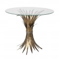 Art-deco okrúhly príručný stolík Wheat so sklenenou doskou a vintage zlato zafarbenou kovovou podstavou
