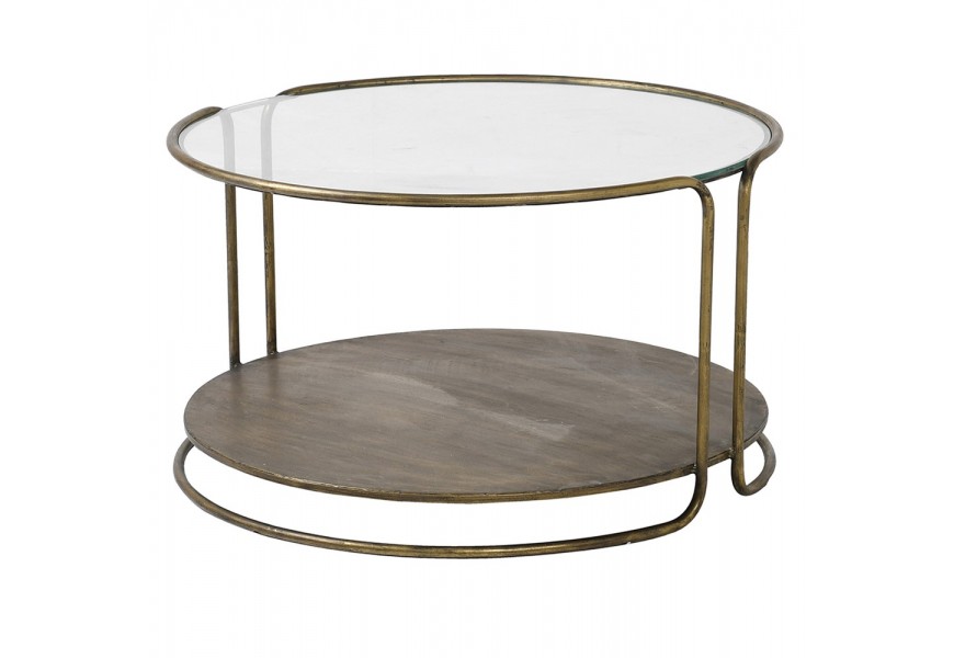 Art-deco sklenený okrúhly konferenčný stolík Miline s kovovým rámom v zlatej farbe s vintage povrchovou úpravou